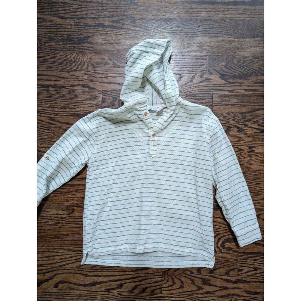 Boys hooded linen shirt top from zara green & white striped size 5-6